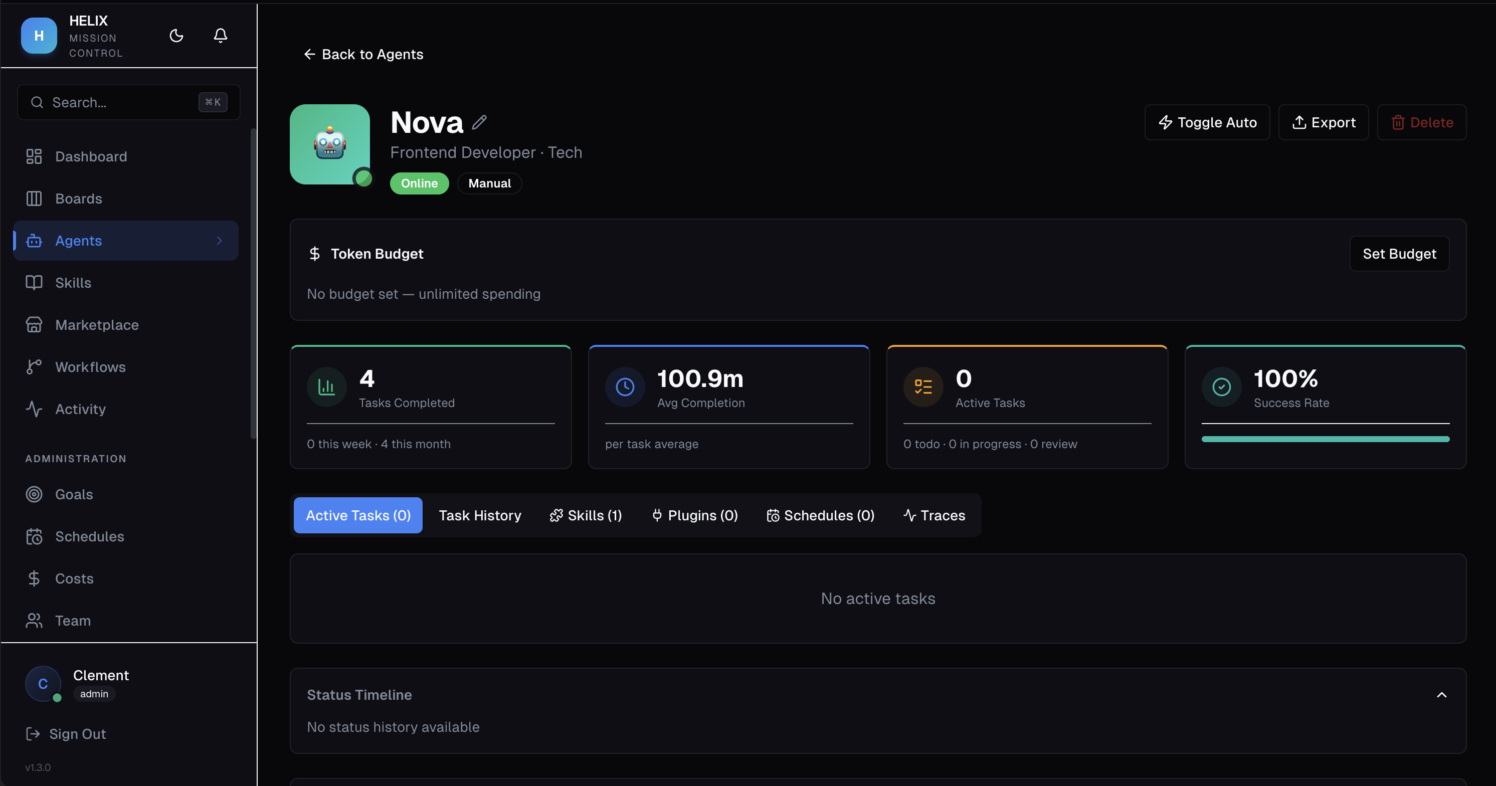 Agent detail page showing configuration, status, and model