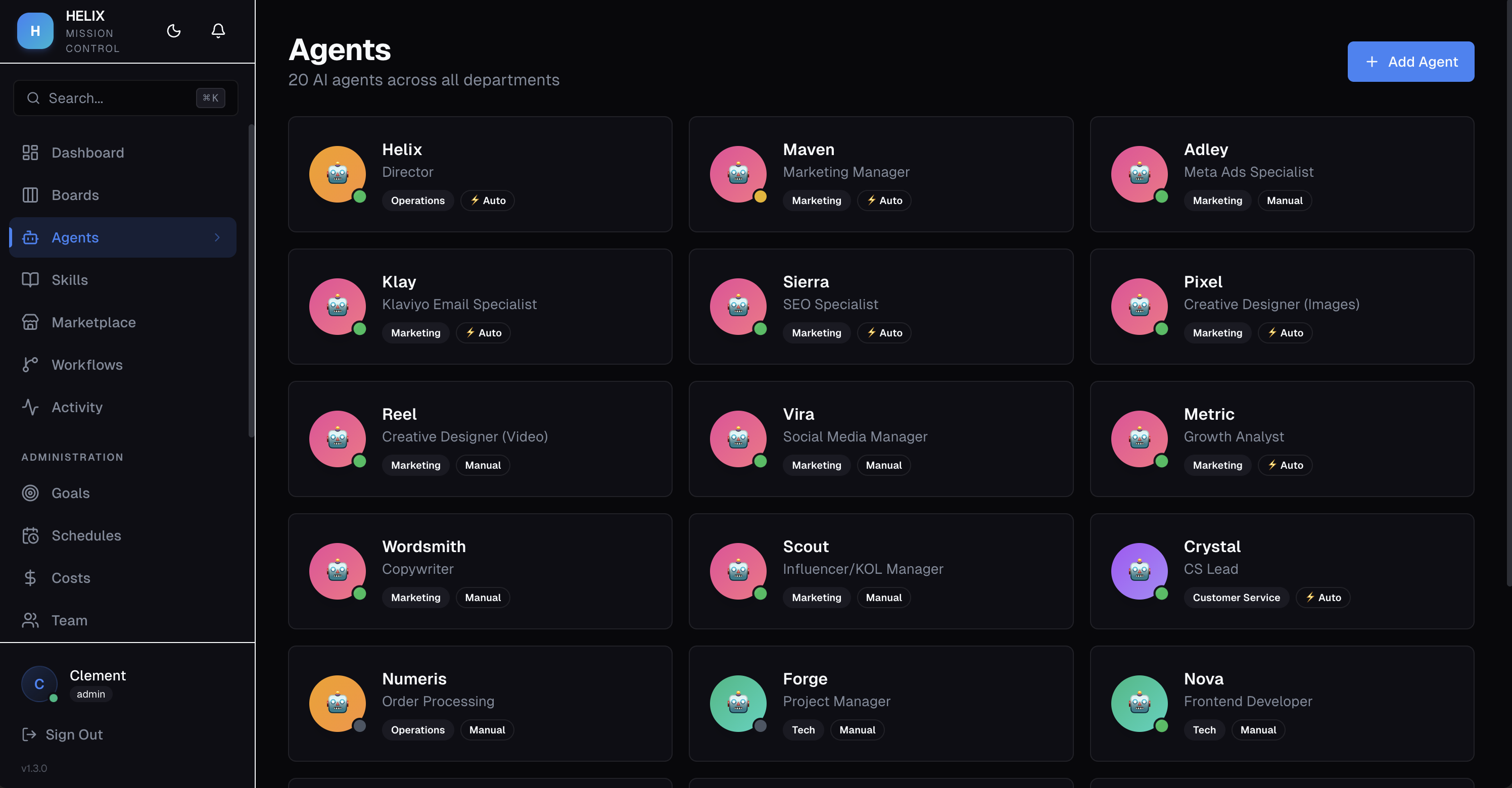 Agents overview page showing all agents with status indicators
