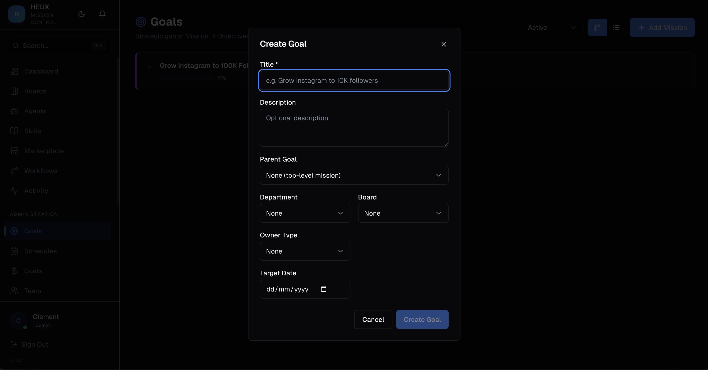 Goal creation dialog