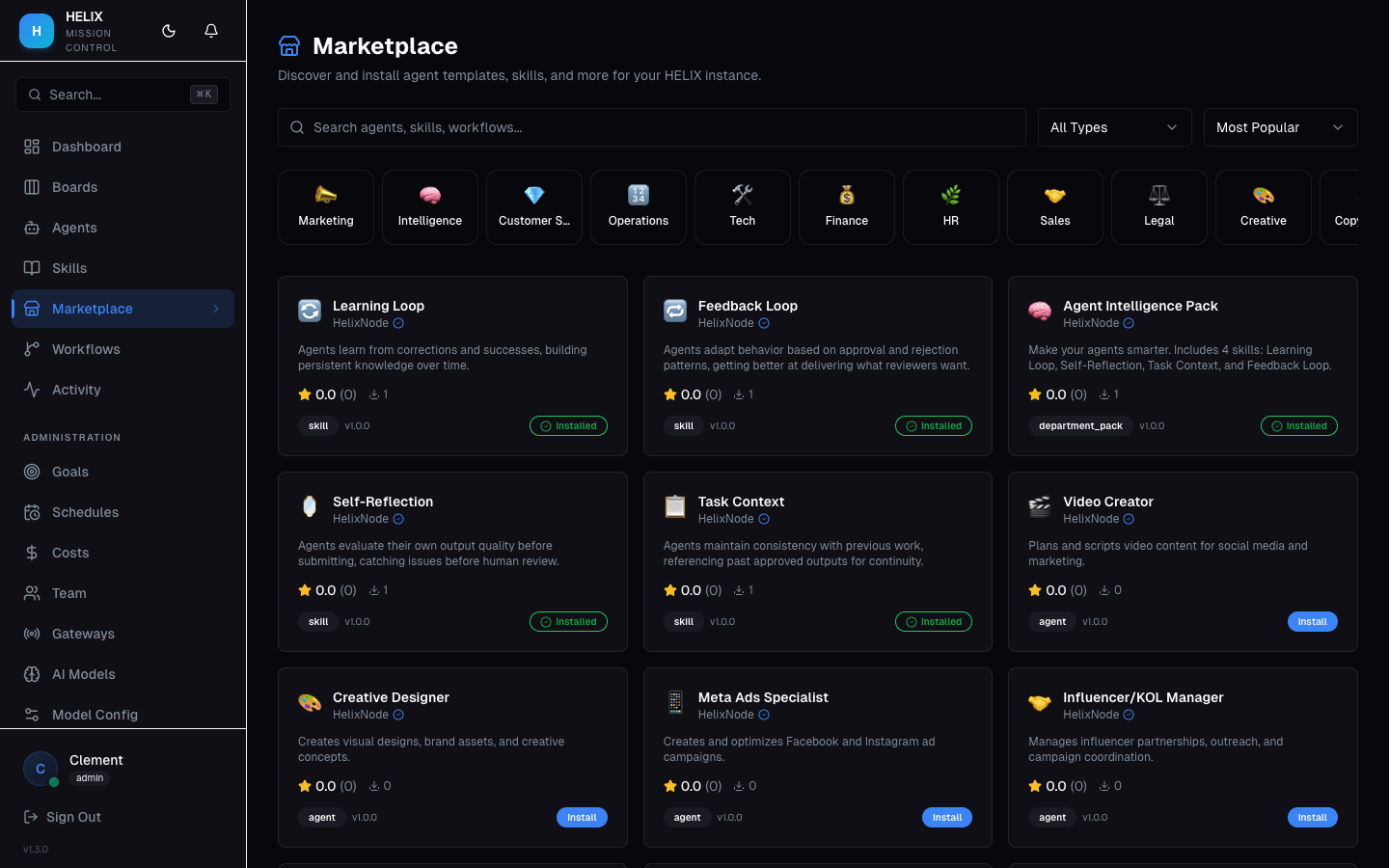 Marketplace browse page showing categories and templates
