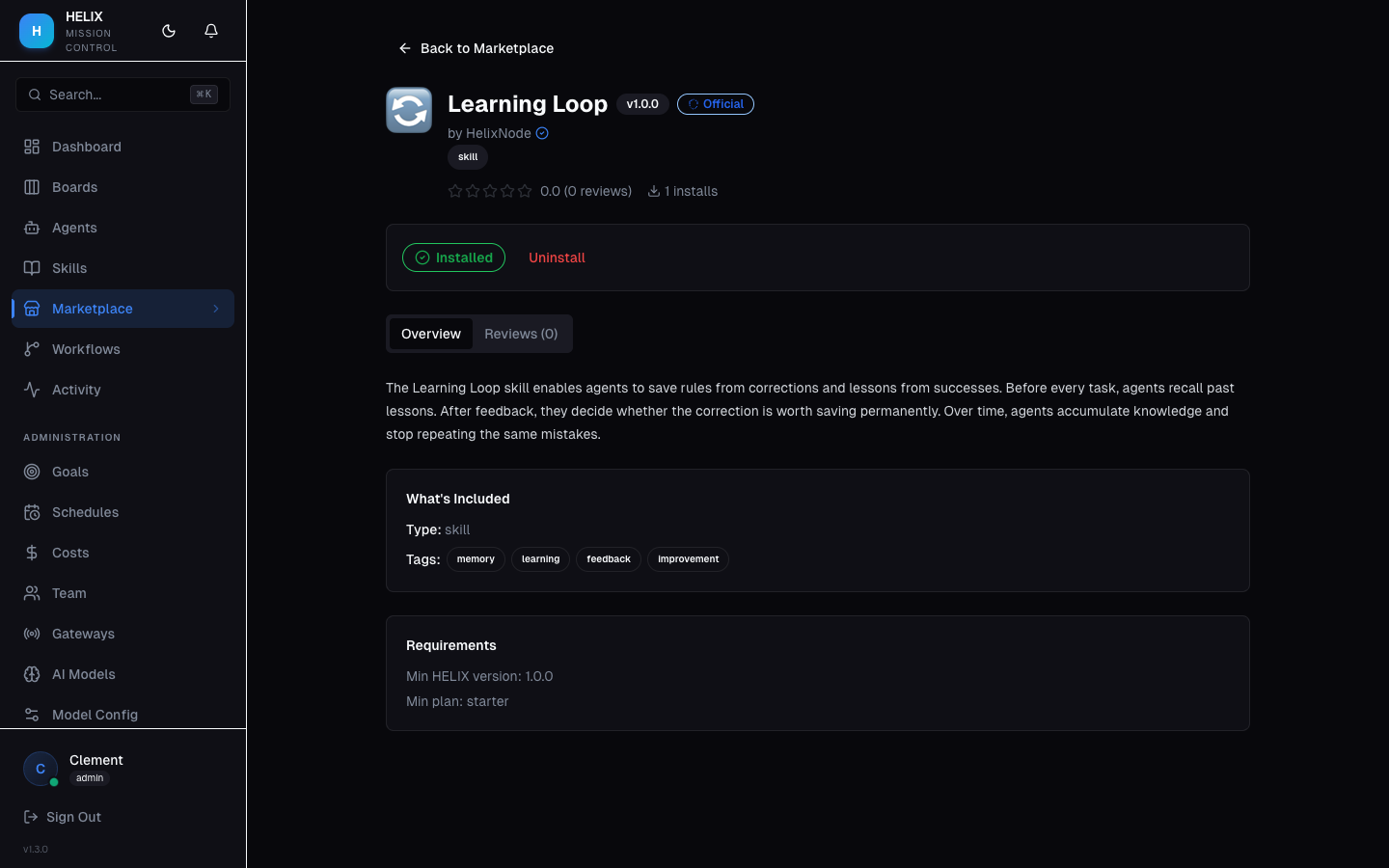 Template detail page with description and install button