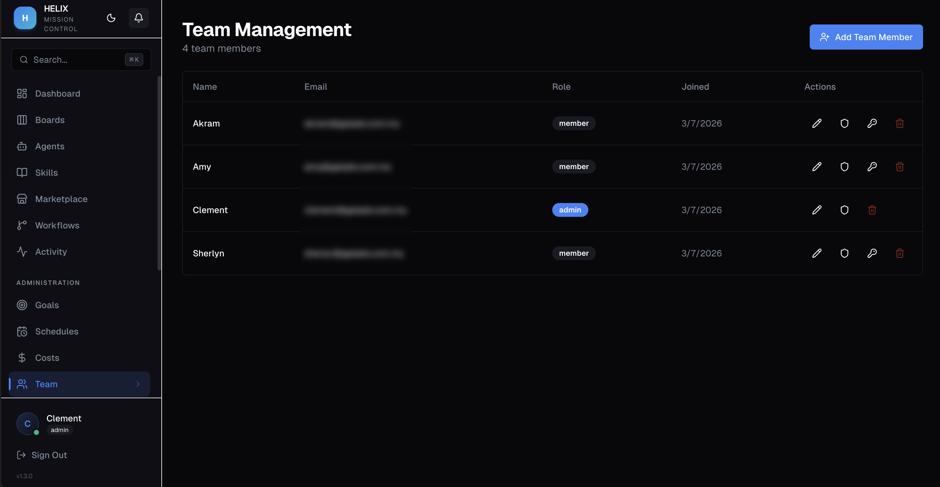 Team members settings page