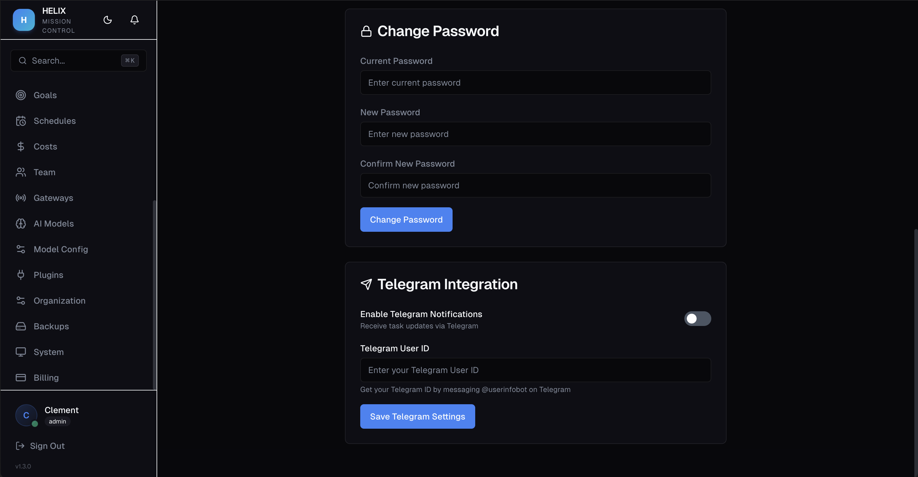 Telegram integration settings