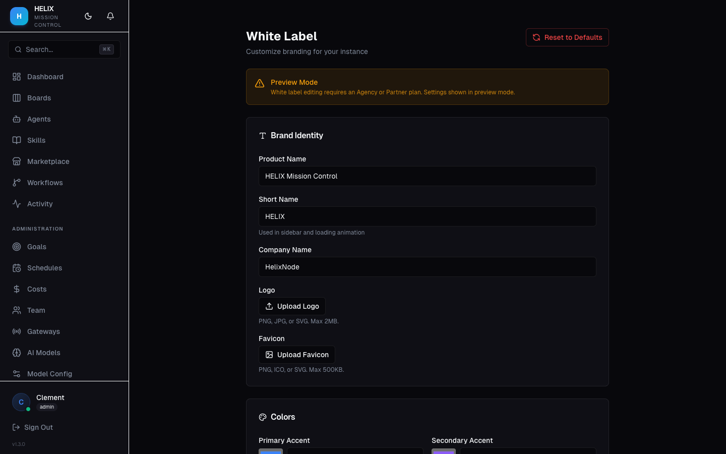 White Label settings page
