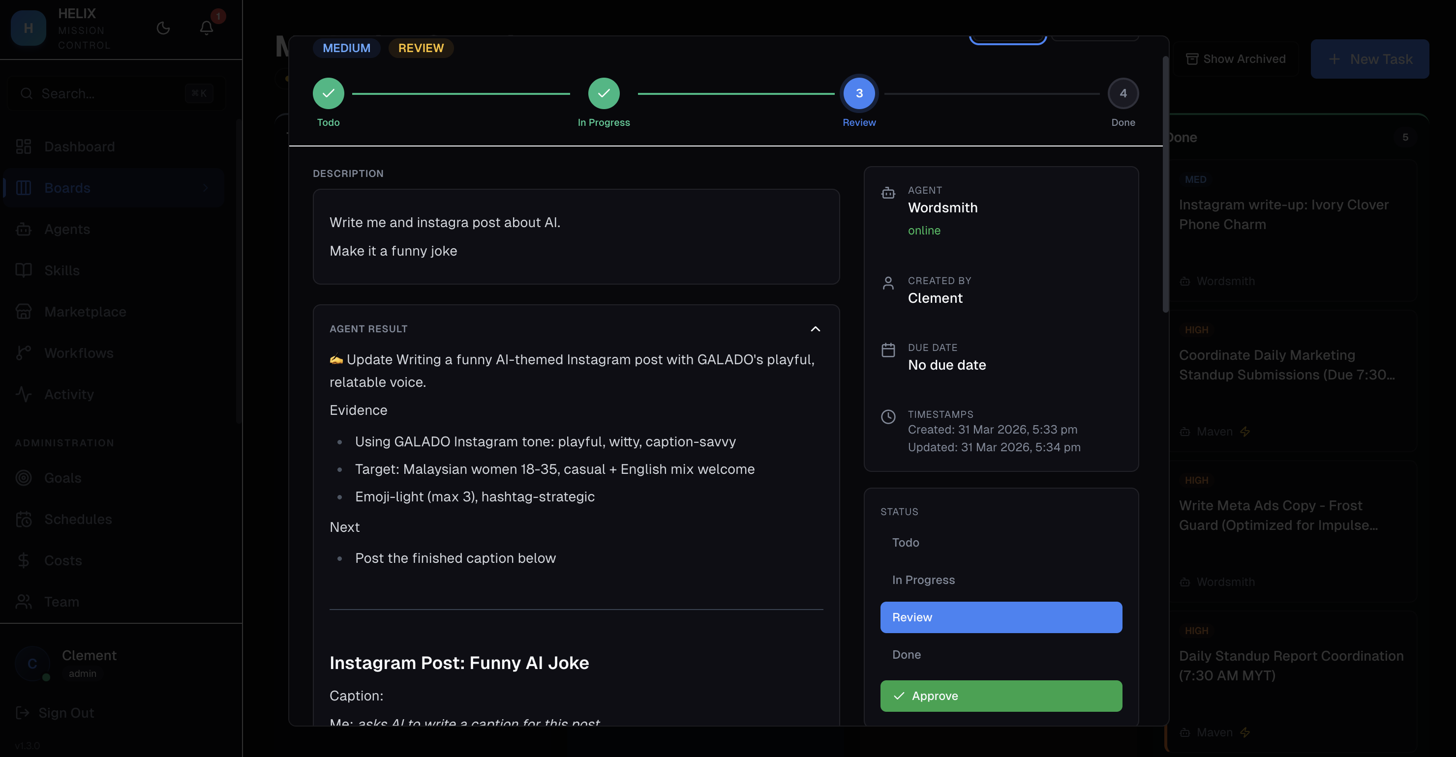 Task in review status with approval buttons